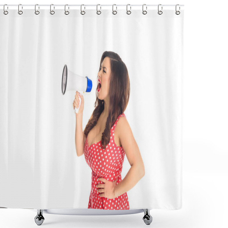 Personality  Mad Plus Size Woman Shouting At Loudspeaker Isolated On White Shower Curtains