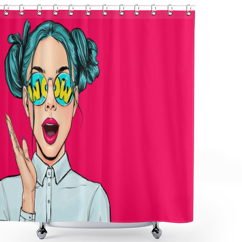 Personality  Surprised Amased Young Attractive Happy Pop Art Woman In Glasses . Advertising Poster Or Party Invitation With Sexy  Girl  In Comic Style. Shower Curtains