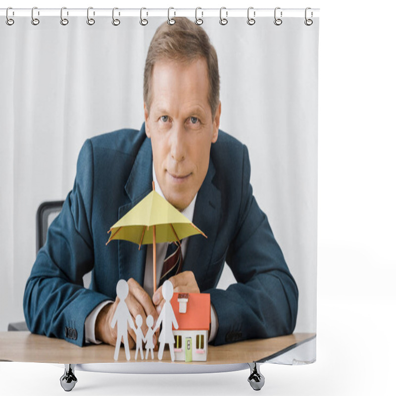 Personality  Businessman With Paper Cut Family, House Model And Umbrella On Wooden Table Shower Curtains