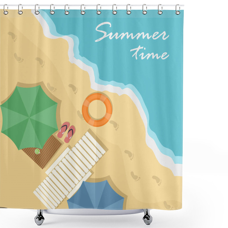 Personality  Top View Of Beach With Umbrella, Stretcher, Sandals, Table And Caipirinha Shower Curtains