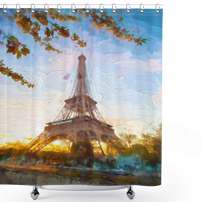 Personality  Eiffel Tower In Artwork Style During Spring Time In Paris, France Shower Curtains