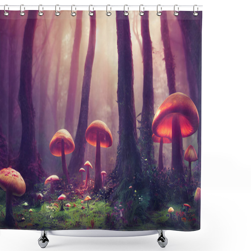 Personality  An Illustrative Painting With Detail Of A Forest With Many Mushrooms And Flowers In The Dense Grass Of A Forest. Shower Curtains