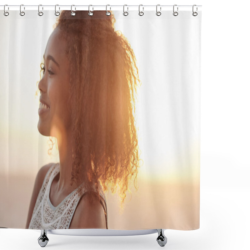 Personality  Woman With Eyes Closed On Beach At Dusk Shower Curtains