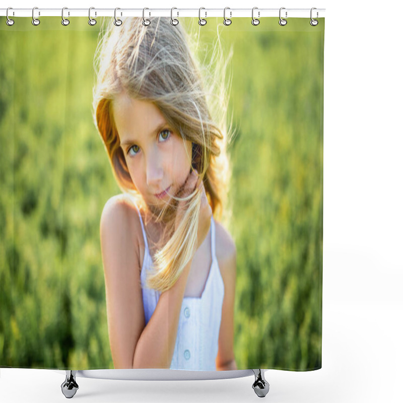 Personality  Close-up Portrait Of Cute Little Child In White Dress Posing In Green Field And Looking At Camera Shower Curtains