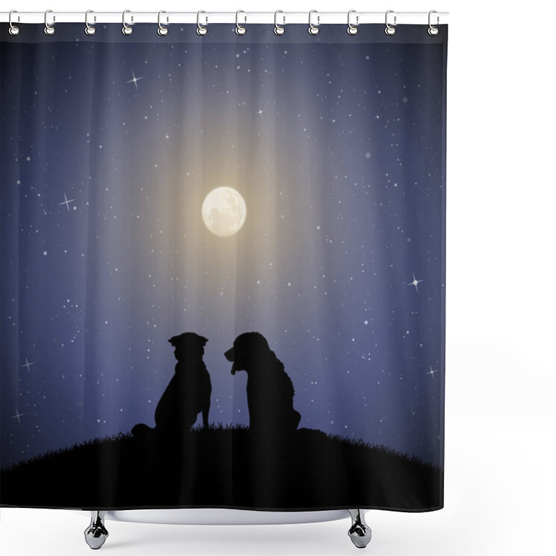 Personality  Dog Friends On Moonlit Night. Vector Illustration With Silhouettes Of Two Animals Sitting On Hill In Park. Full Moon In Starry Sky Shower Curtains