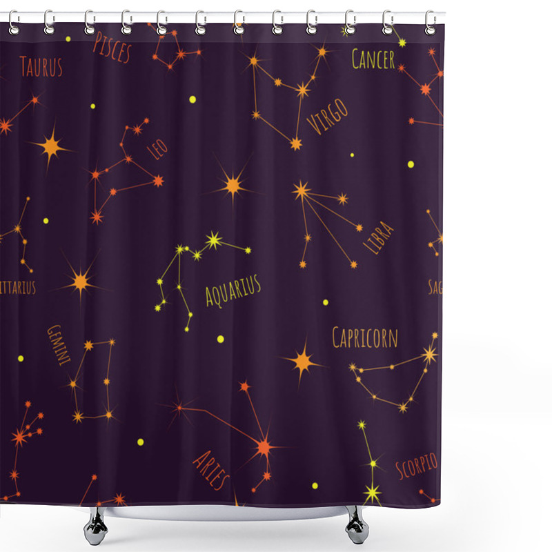 Personality  12 Signs Of The Zodiac Symbols Seamless Pattern. Astrological Constellations On A Dark Background. Night Sky, Universe, Galaxy. Texture For Packaging, Paper And Fabric, Vector. Shower Curtains