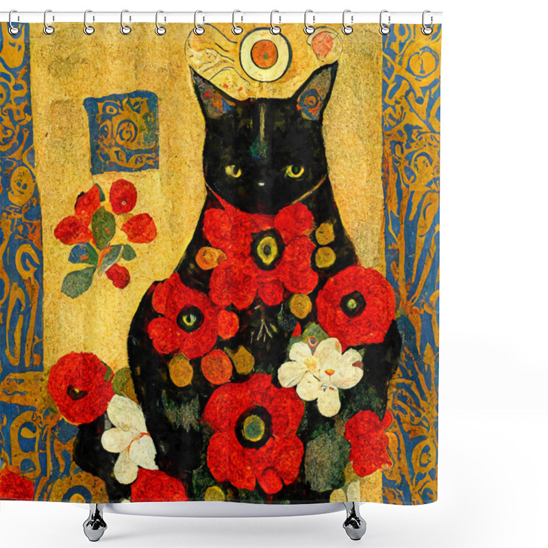 Personality  Portrait Of A Cat With Poppies Around. Painted In Art Nouveau Design Shower Curtains