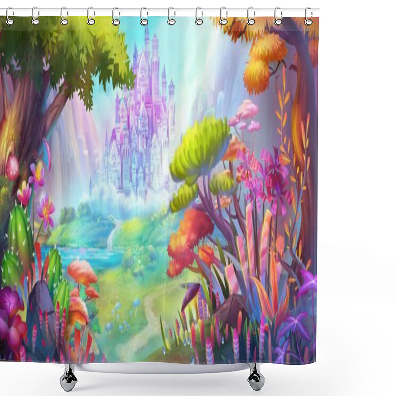 Personality  The Forest And Castle. Mountain And River. Fiction Backdrop. Concept Art. Realistic Illustration. Video Game Digital CG Artwork. Nature Scenery. Shower Curtains