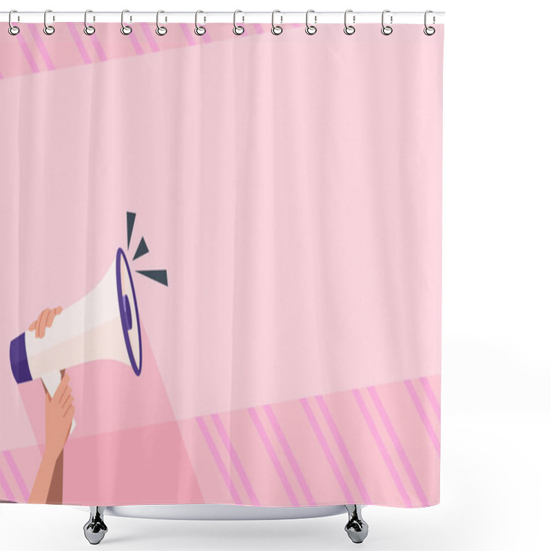 Personality  Human Hand Holding Tightly The Megaphone With Volume Icon. Blank Word Space For Announcement And Promotions. Loudhailer Grasp By Person With Sound And Empty Room For Text Graphics. Shower Curtains