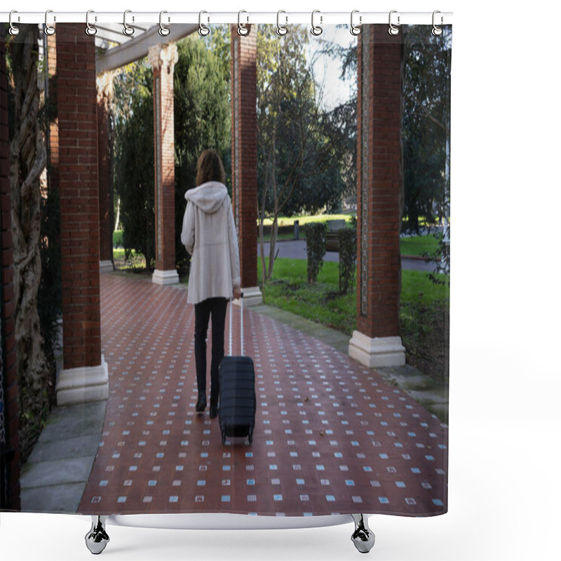 Personality  Adult Woman Walking Turning Her Back Carrying A Suitcase To Go On Vacation. Vacation Concept Shower Curtains