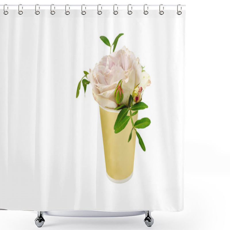 Personality  A Close-up Of A Soft Pastel Rose With Delicate Petals, Placed In A Simple, Muted Yellow Paper Cup. Isolated Background Shower Curtains