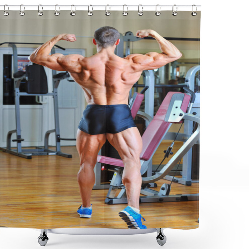 Personality  Bodybuilder Posing At Gym - Back View Full Lenght Portrait Shower Curtains