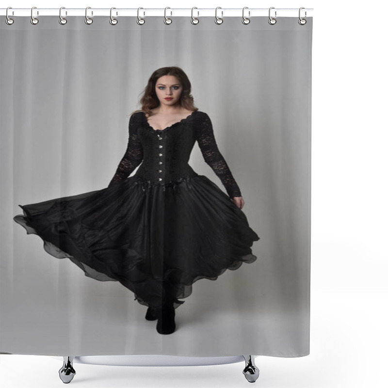 Personality  Full Length Portrait Of Brunette Girl Wearing Long Black Lace Gown Wit Corset. Standing Pose, Isolated On Grey Studio Background. Shower Curtains