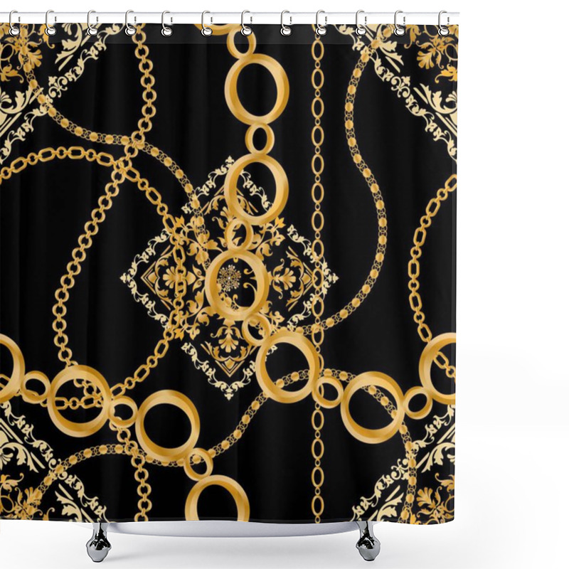 Personality  Seamless Pattern Decorated With Precious Stones, Gold Chains And Pearls. Shower Curtains