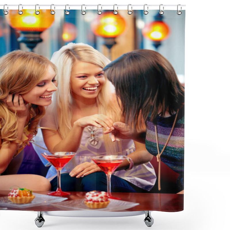 Personality  Woman Showing Wedding Ring To Her Friends Shower Curtains