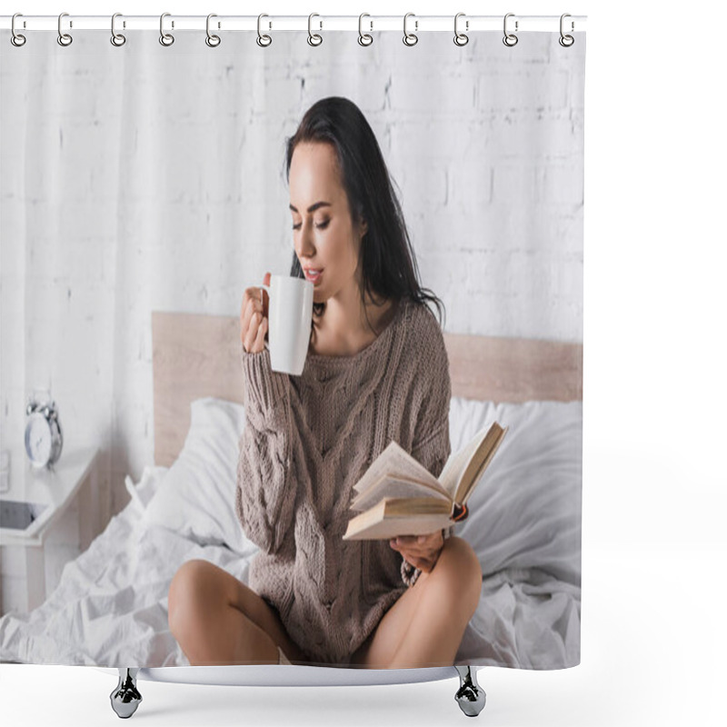 Personality  Young Brunette Woman In Sweater Sitting In Bed With Mug Of Hot Cocoa And Book At Morning Shower Curtains