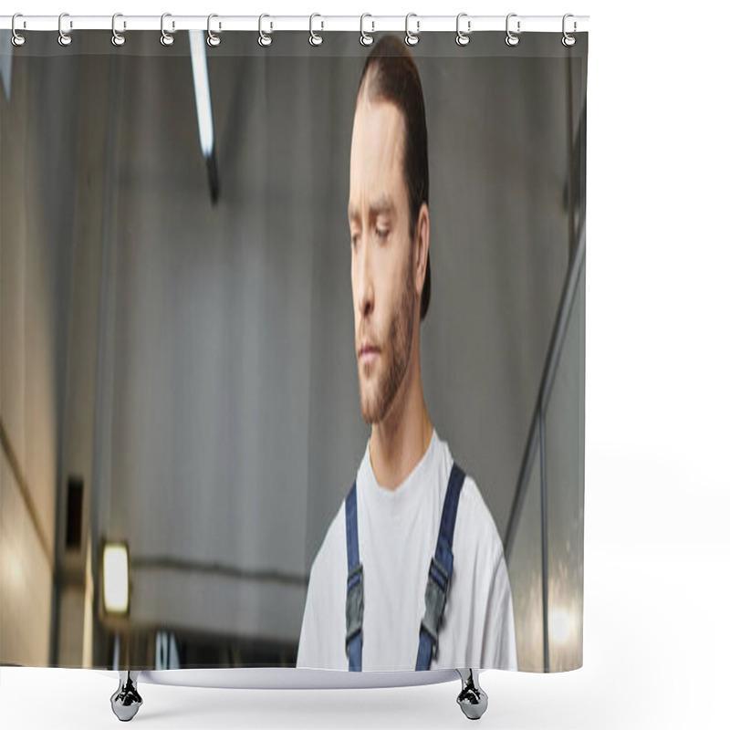 Personality  Good Looking Professional Serviceman In Blue Comfy Uniform Posing In Garage And Looking Away Shower Curtains