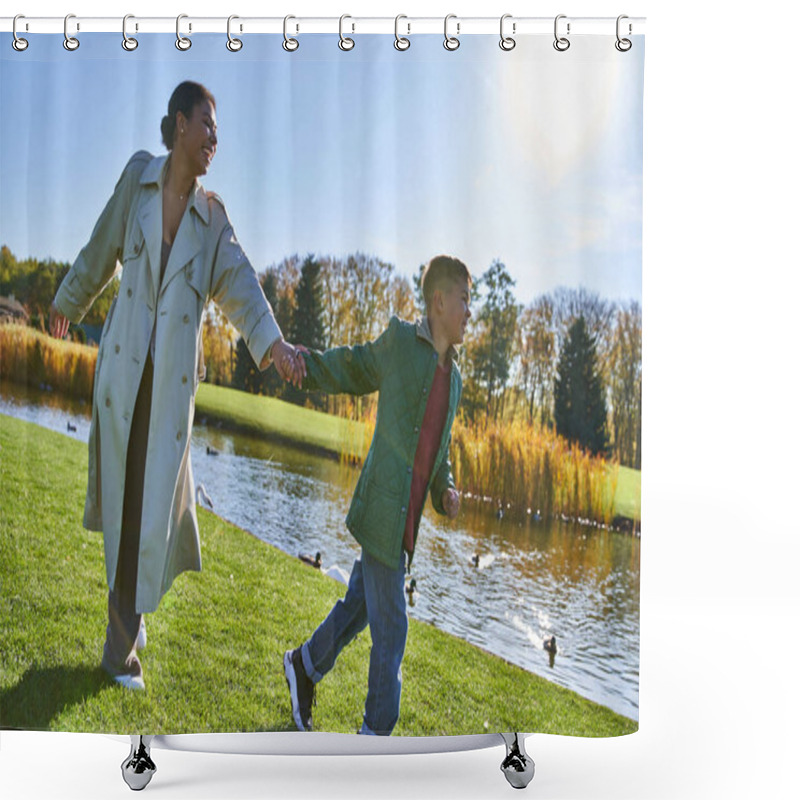 Personality  Happy Childhood, African American Woman Running With Son Near Pond, Autumnal Outfits, Fall Season Shower Curtains