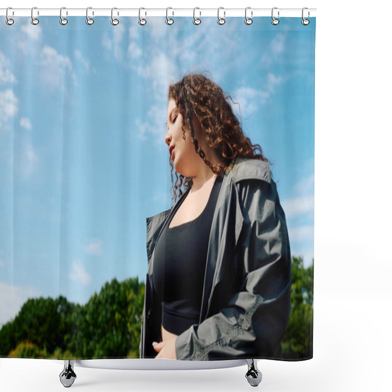 Personality  A Confident Woman Revels In The Warmth Of A Sunny Day Amid Lush Greenery, Celebrating Her Beauty. Shower Curtains