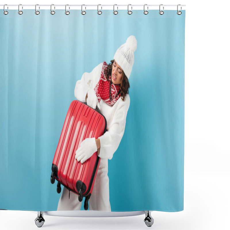 Personality  Angry Young Woman In Winter Outfit Carrying Red Suitcase On Blue Shower Curtains