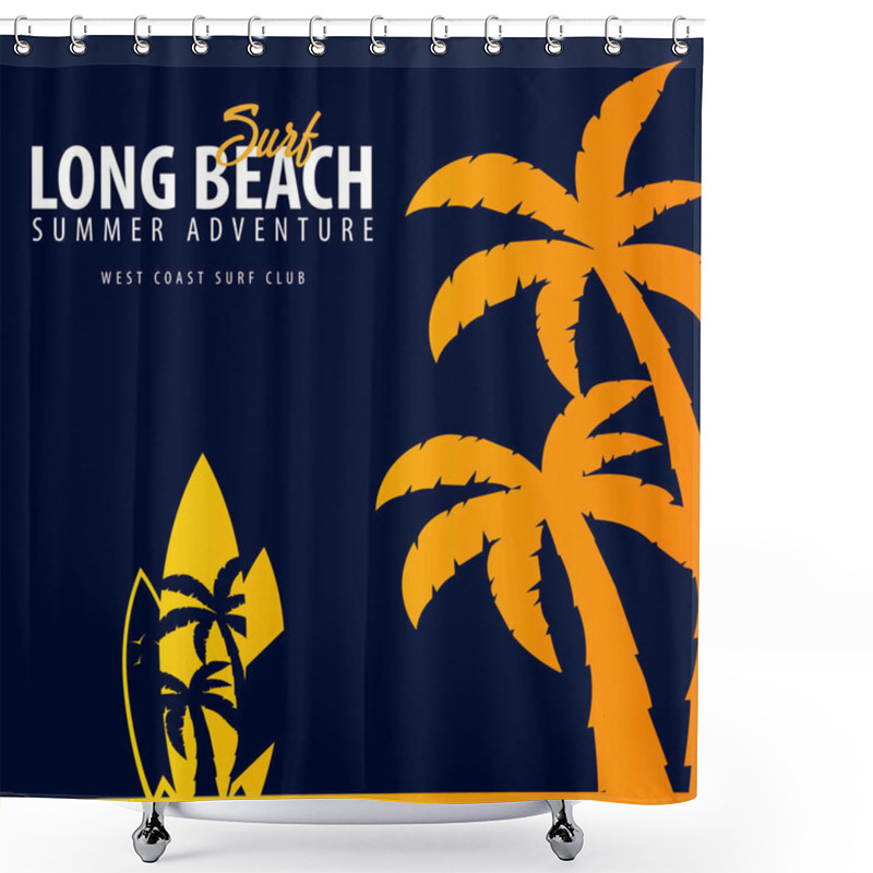 Personality  Long Beach Surfing Graphic With Palms. T-shirt Design And Print. Shower Curtains