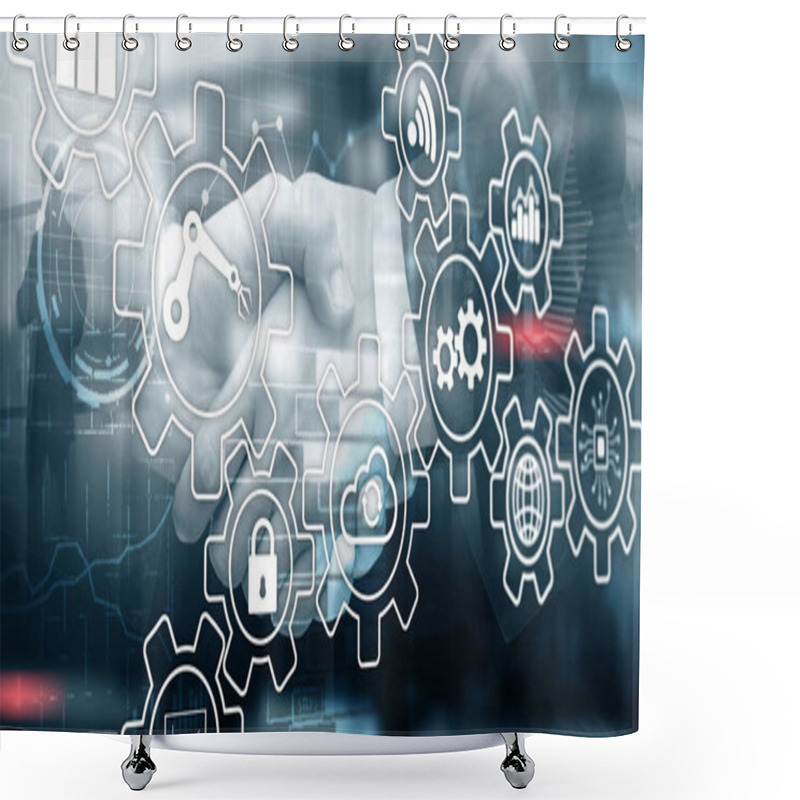 Personality  Business Process Automation Smart Industry Artificial Intelligence. Gears Mechanism Mixed Media. Shower Curtains