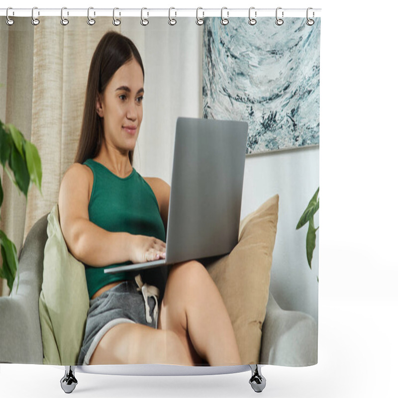 Personality  A Young Brunette Woman Of Short Stature Relaxes At Home, Immersed In Her Laptop, Surrounded By Comfy Decor And Plants. Shower Curtains