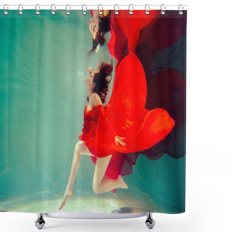 Personality  Pregnant Girl Swims Underwater In Red Dress Shower Curtains