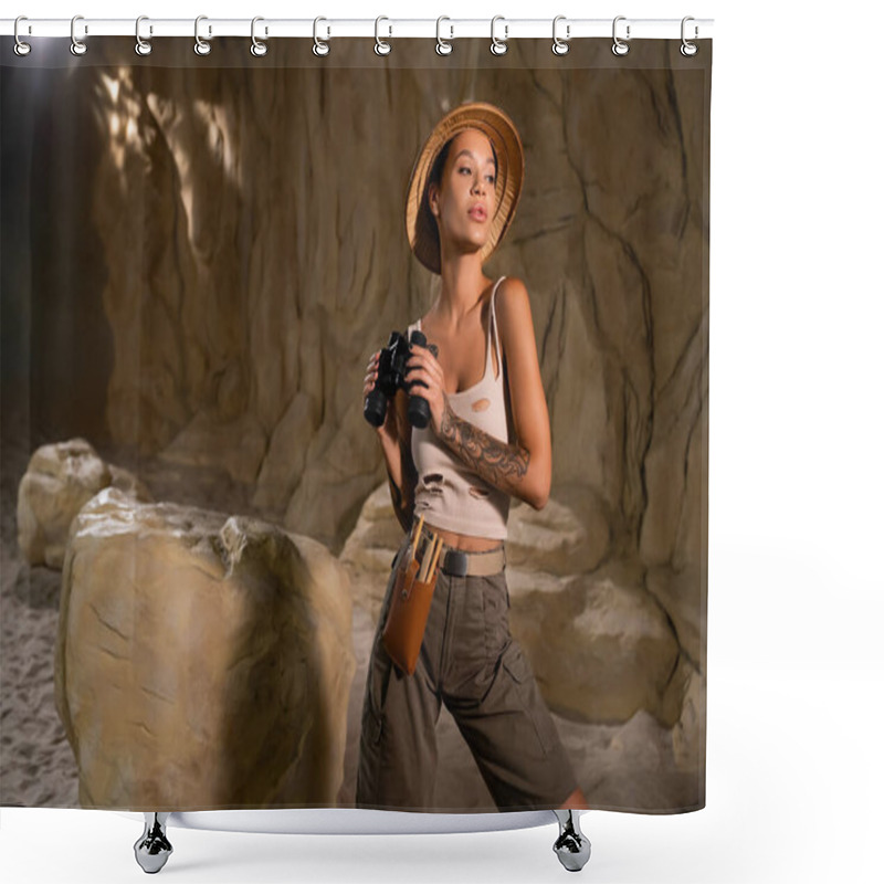 Personality  Tattooed Archaeologist In Holey Top And Safari Hat Holding Binoculars Near Rock In Cave Shower Curtains