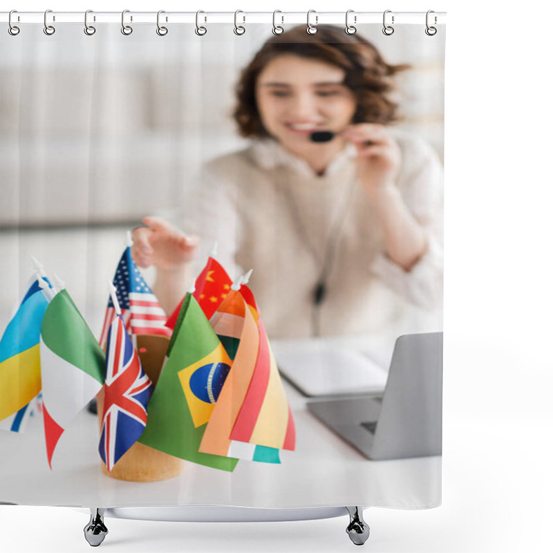 Personality  Selective Focus Of Various International Flags Near Laptop And Blurred Language Teacher Working At Home Shower Curtains