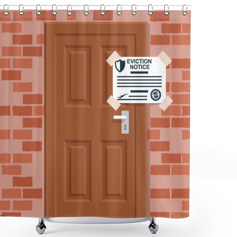 Personality  Eviction Notice, White Sheet On Door. Stop Sign At The Entrance. Key In Keyhole On Door Prohibited. Do Not Open The Door. Form Vector Illustration Flat Design. Isolated Background. Shower Curtains