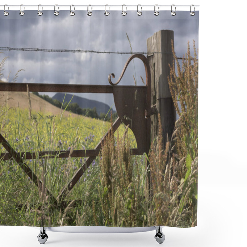 Personality  Metal Fence On Grassy Field, Portsoy, Moray Firth Coast, Aberdeenshire, Scotland Shower Curtains