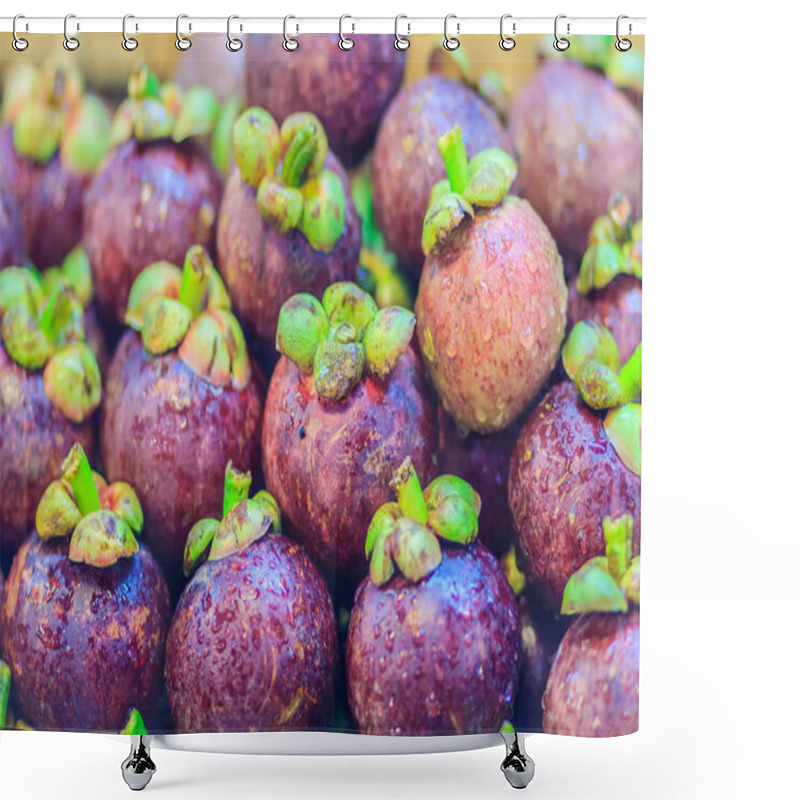 Personality  Extra Jumbo Size Of The Purple Mangosteen (Garcinia Mangostana) For Sale At The Fruit Market. Close Up Texture Background Surface Of Organic Violet Mangosteen Fruit. Shower Curtains