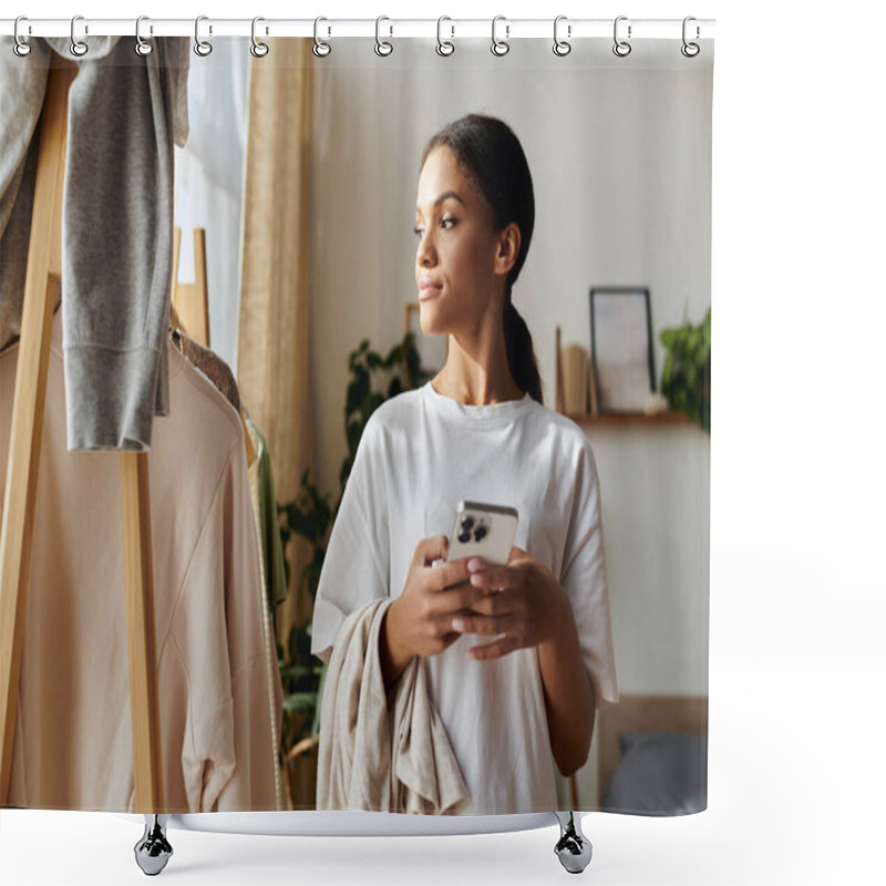 Personality  A Young African American Woman Focuses On Her Cleaning Tasks In A Stylish Apartment. Shower Curtains