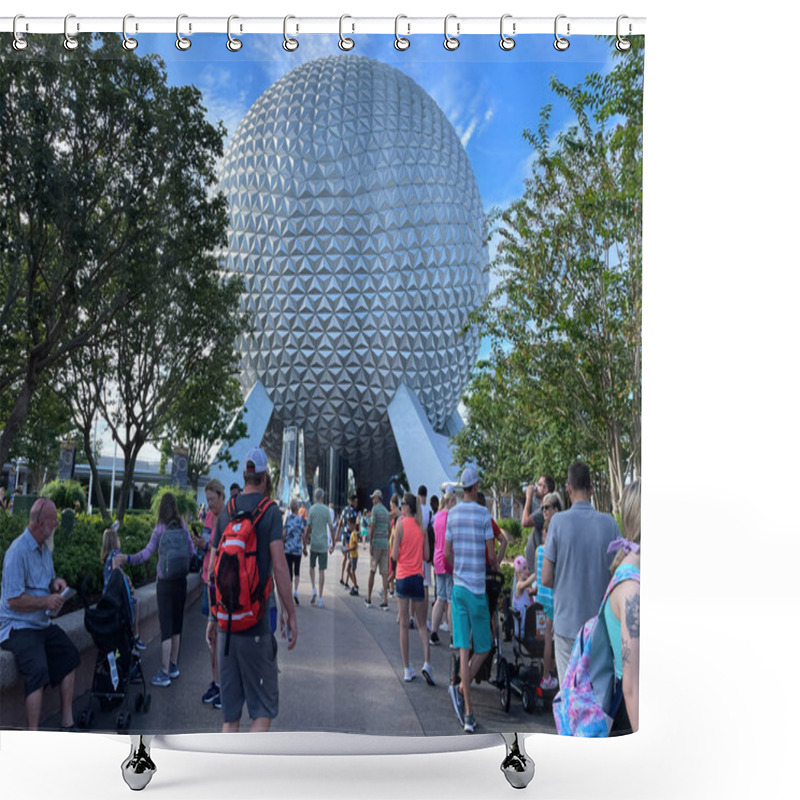 Personality  Bay Lake, FL USA - September 15, 2022: Roadside View Of Tourists Walking Down The Main Entrance Of The Epcot Park With Spaceship Earth Shower Curtains