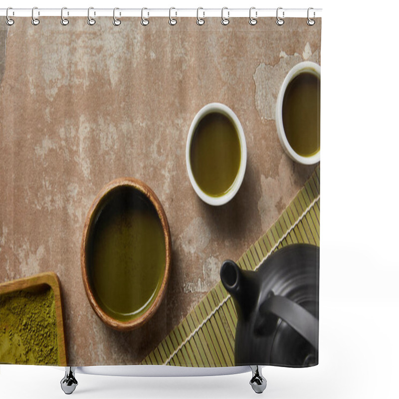 Personality  Top View Of Matcha Powder, Bowl And Cups With Green Tea On Aged Surface Near Bamboo Table Mat And Black Teapot Shower Curtains