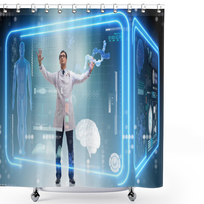 Personality  Doctor In Futuristic Medical Concept Pressing Button Shower Curtains