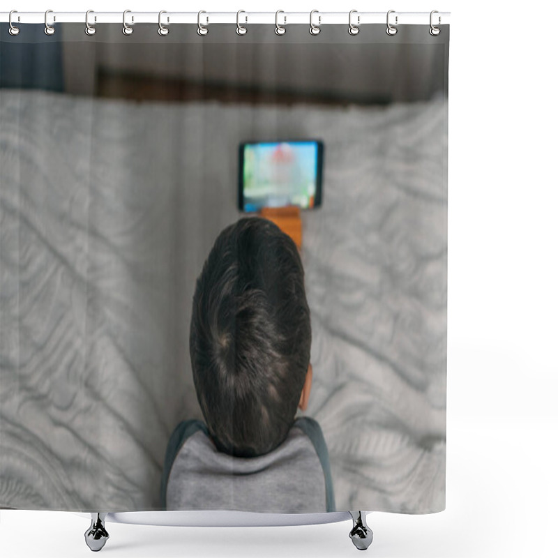 Personality  Overhead View Of Kid Watching Online Lesson While Lying On Bed Shower Curtains