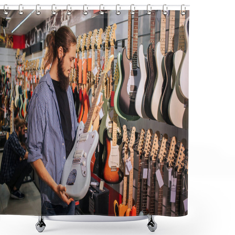 Personality  Young Bearded Musician Hold Light-blue Electric Guitar In Hands. He Looks At It. Shower Curtains