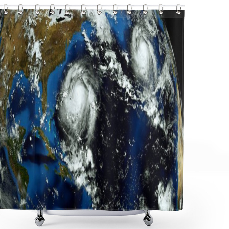 Personality  Extremely Detailed And Realistic High Resolution 3D Illustration Of 2 Hurricanes Approaching The USA. Shot From Space. Elements Of This Image Are Furnished By Nasa. Shower Curtains