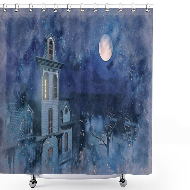 Personality  Watercolor Sketch Of Old Scary Mansion Surrounded By Creepy Trees At Dark Misty Night With Fantastic Big Full Moon In The Sky. Grunge Style Digital Illustration From My Own 3D Rendering File. Shower Curtains