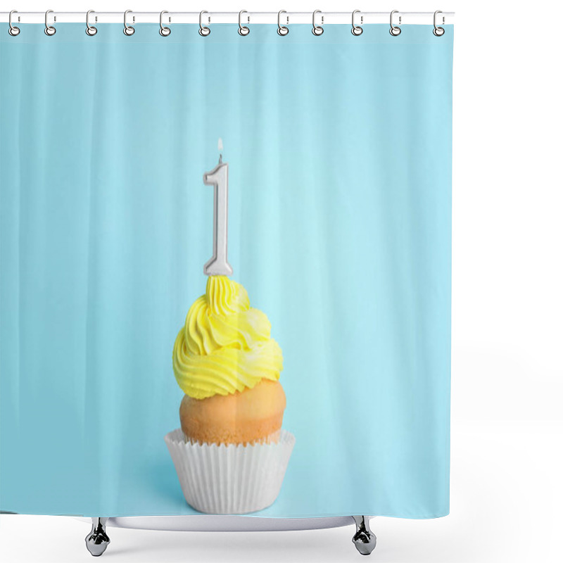 Personality  Birthday Cupcake With Number One Candle On Blue Background Shower Curtains