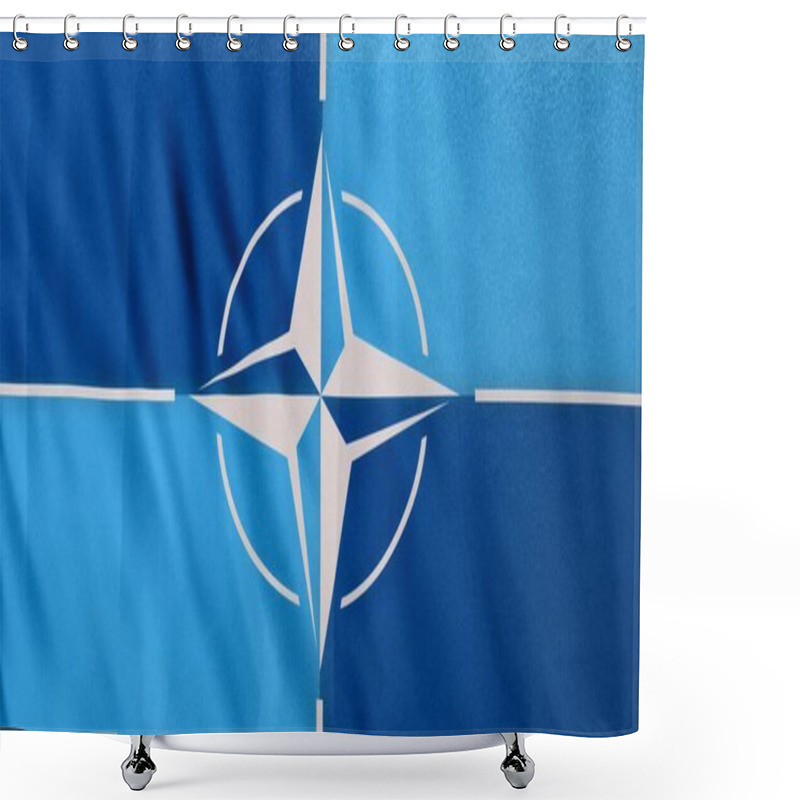 Personality  Kiev, Ukraine - February 25th 2022: NATO Military Alliance Flag Closeup UHD Flag Banner Background, 3d Illustration. Realistic North Atlantic Treaty Organization Flag Backdrop Banner Waving In Wind. Shower Curtains