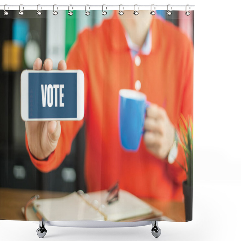 Personality  Young Man Showing Smartphone. Shower Curtains