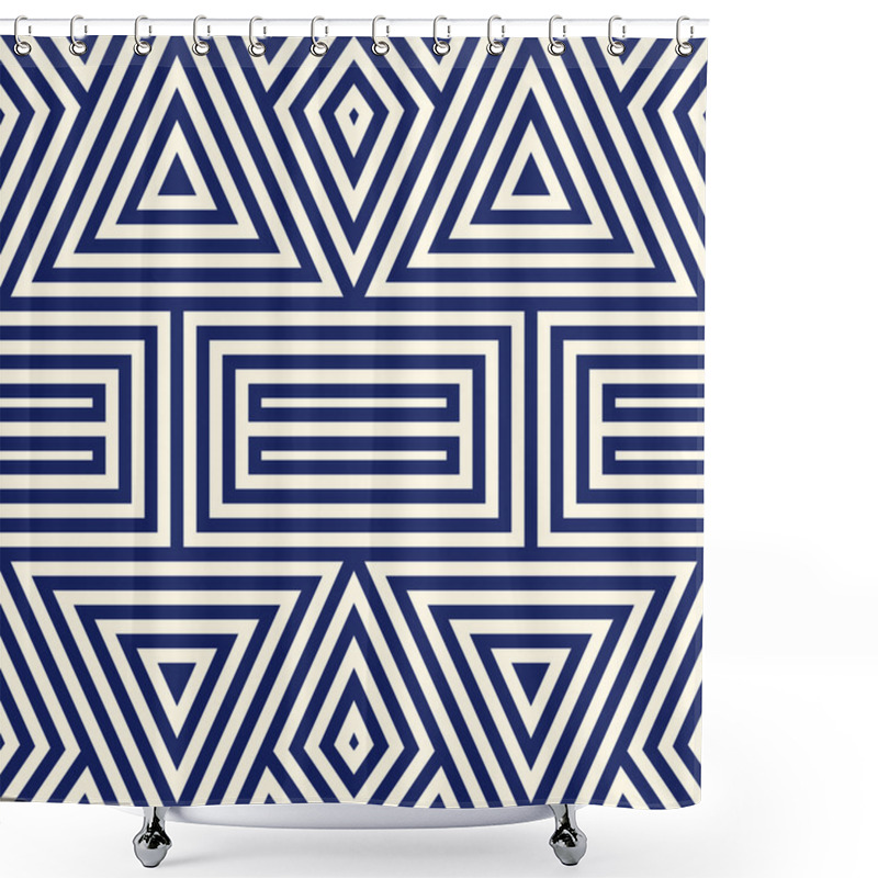 Personality  Seamless Pattern With Symmetric Geometric Ornament. Striped Navy Blue Abstract Background. Repeated Triangles Wallpaper. Shower Curtains