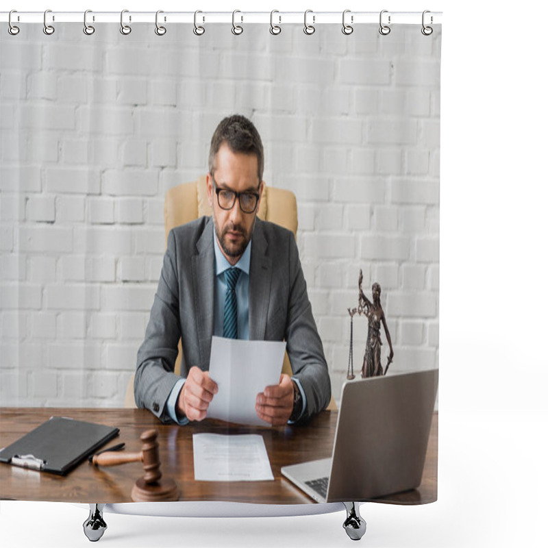 Personality  Serious Male Judge Working With Papers In Office  Shower Curtains