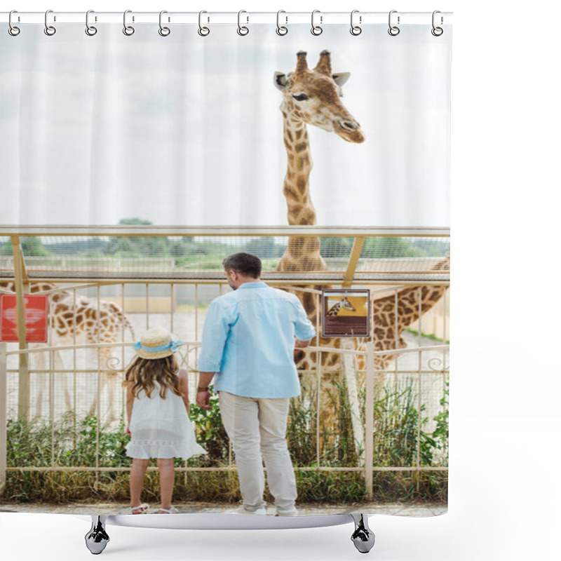 Personality  Back View Of Father And Daughter Standing Near Fence And Giraffe In Zoo  Shower Curtains