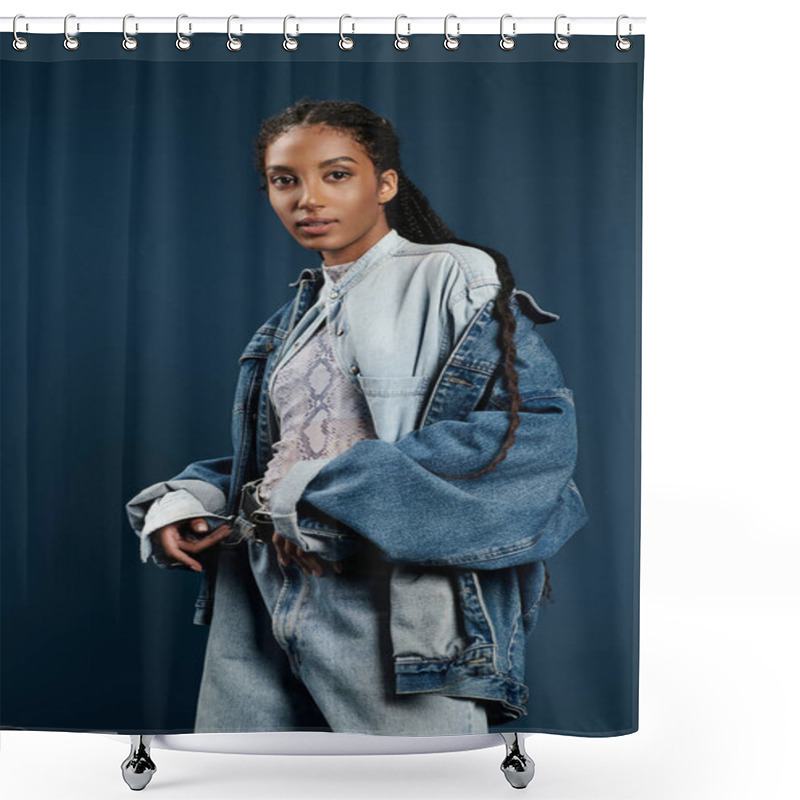 Personality  A Young Woman Showcases Her Fashionable Style, Exuding Confidence In A Vibrant Atmosphere. Shower Curtains