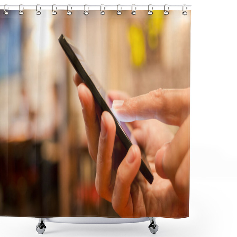 Personality  Man Using A Mobile Phone In Restaurant, Cafe,bar Shower Curtains