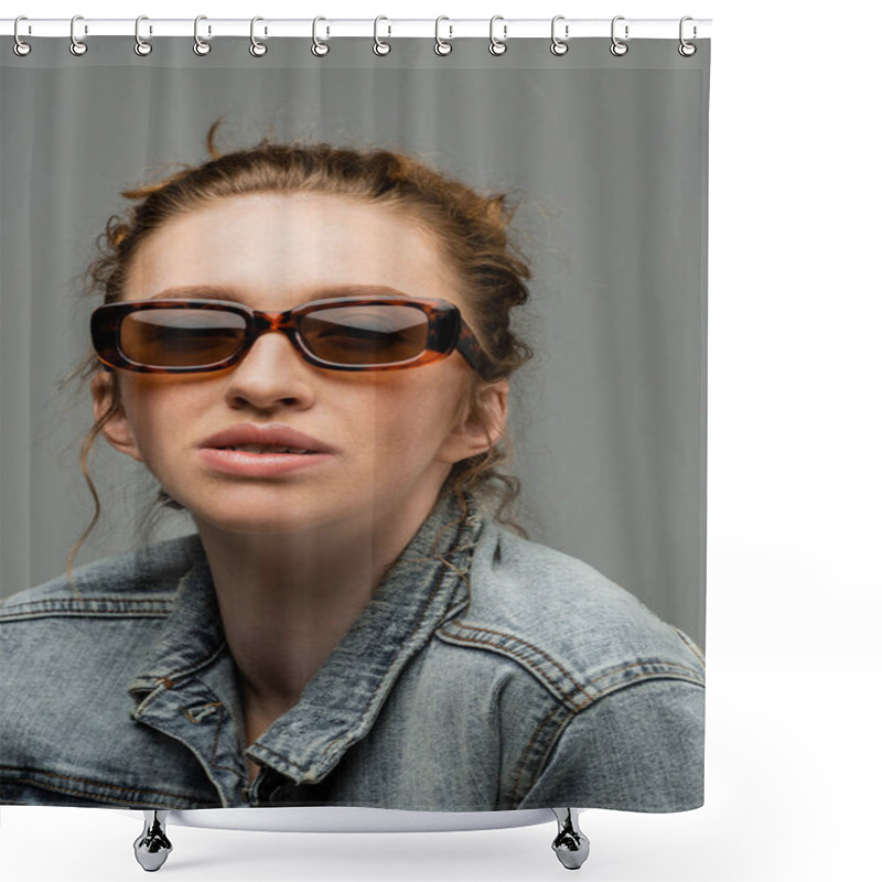 Personality  Portrait Of Stylish Young Redhead Woman With Freckles Posing In Sunglasses And Denim Jacket And Standing Isolated On Grey Background, Trendy Sun Protection Concept, Fashion Model  Shower Curtains